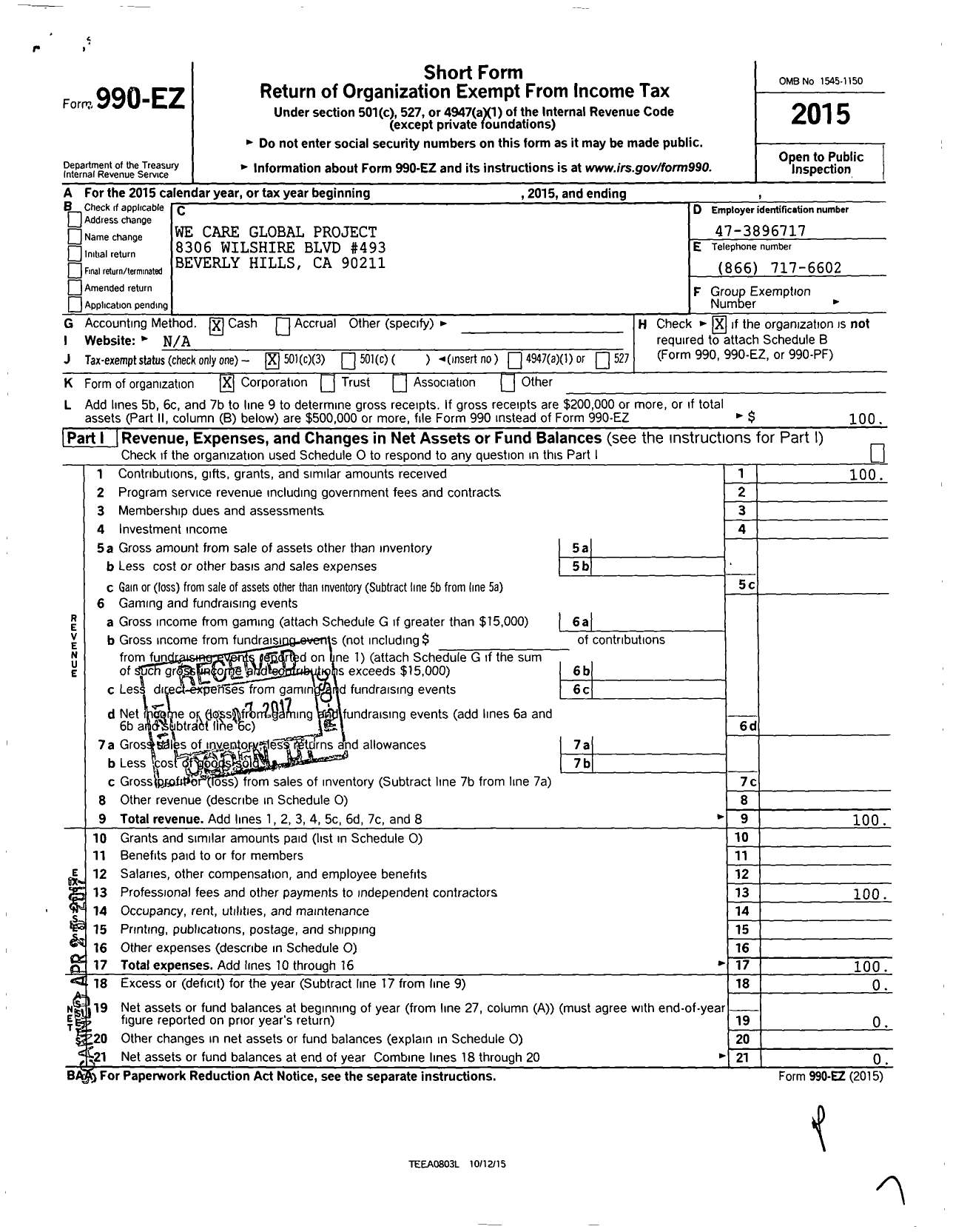 Image of first page of 2015 Form 990EZ for We Care Global Project