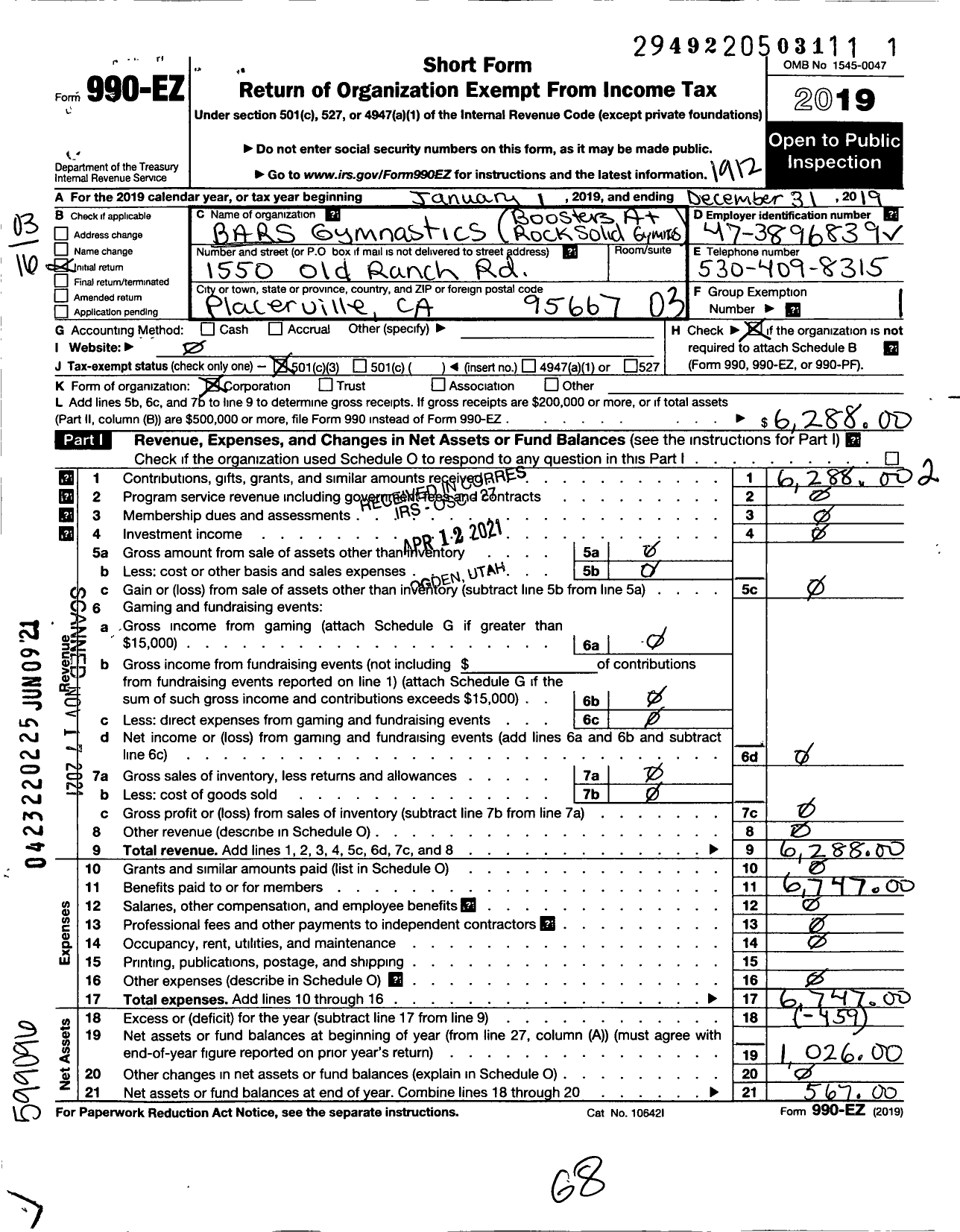 Image of first page of 2019 Form 990EZ for Bars - Gymnastics