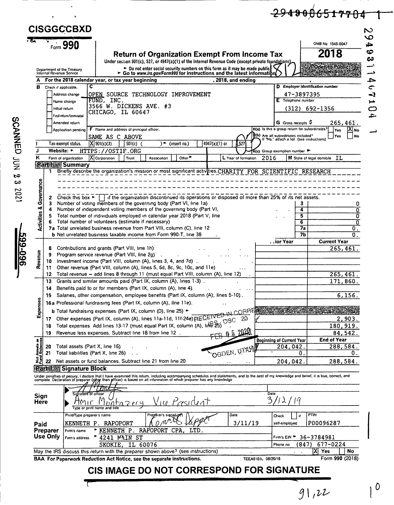 Image of first page of 2018 Form 990 for Open Source Technology Improvement Fund