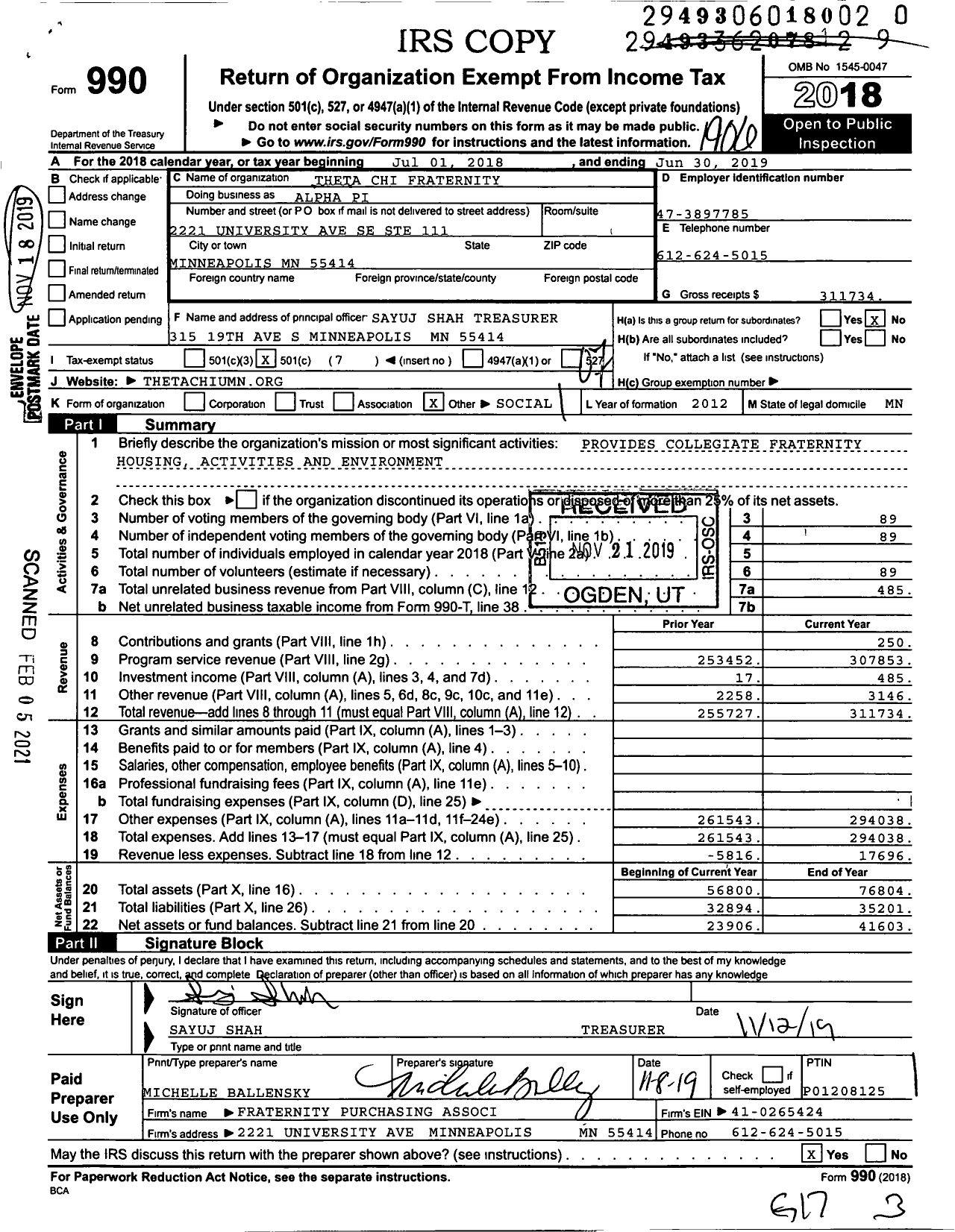 Image of first page of 2018 Form 990O for Alpha Pi Chapter of Theta Chi