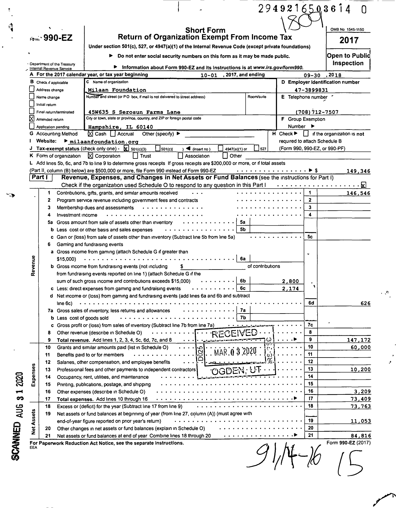 Image of first page of 2017 Form 990EZ for Milaan Foundation