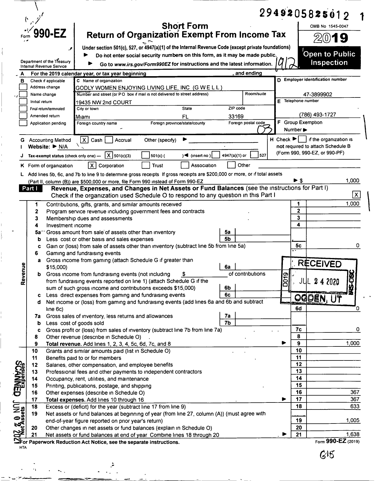 Image of first page of 2019 Form 990EZ for Godly Women Enjoying Living Life (GWELL)