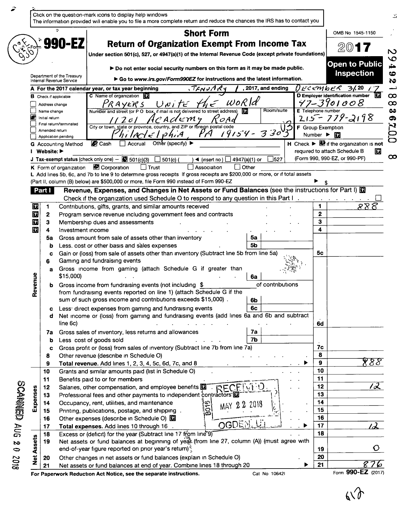 Image of first page of 2017 Form 990EZ for Prayers Unite the World