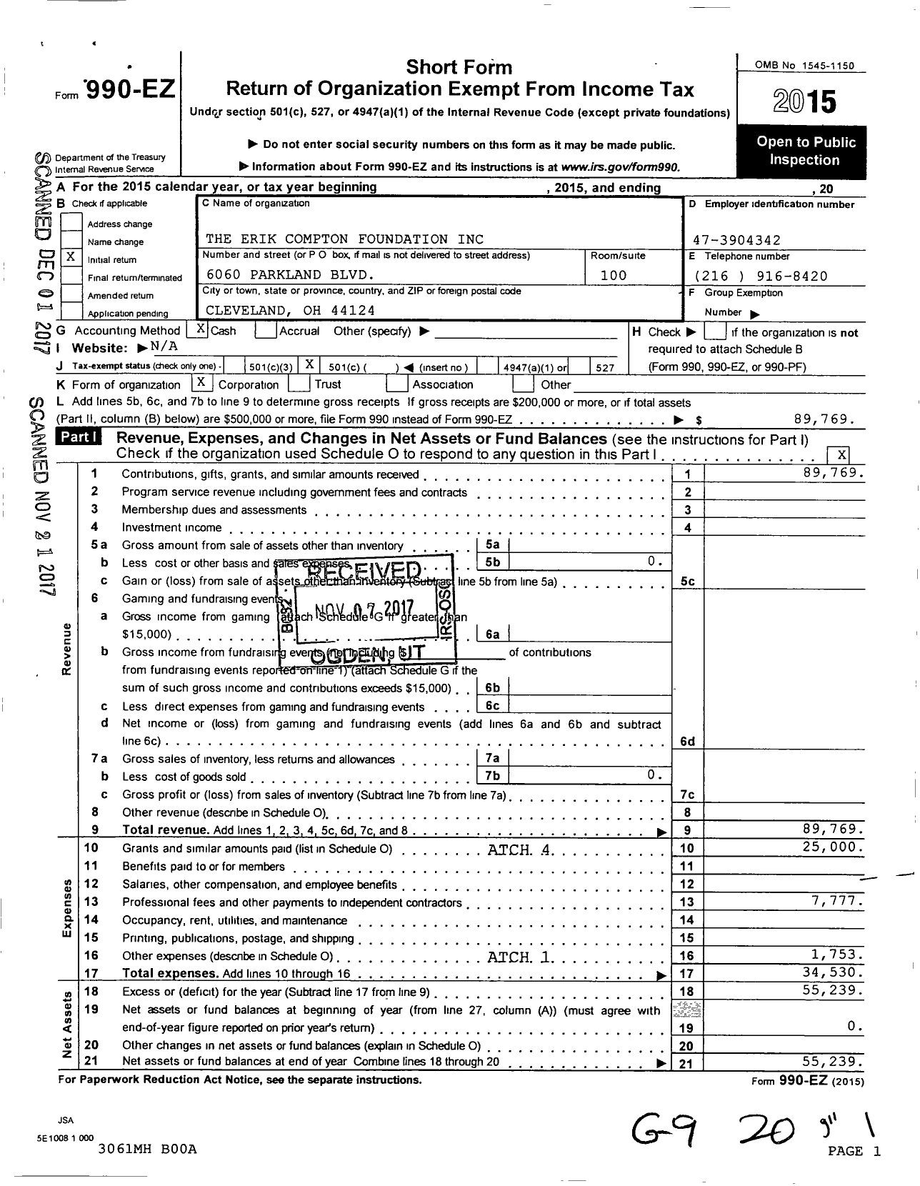 Image of first page of 2015 Form 990EO for Erik Compton Foundation