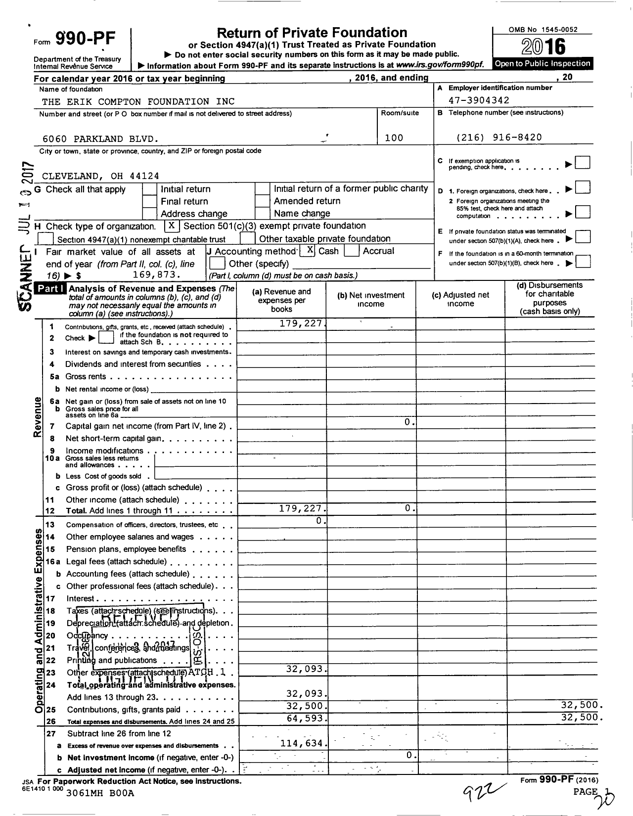 Image of first page of 2016 Form 990PF for Erik Compton Foundation