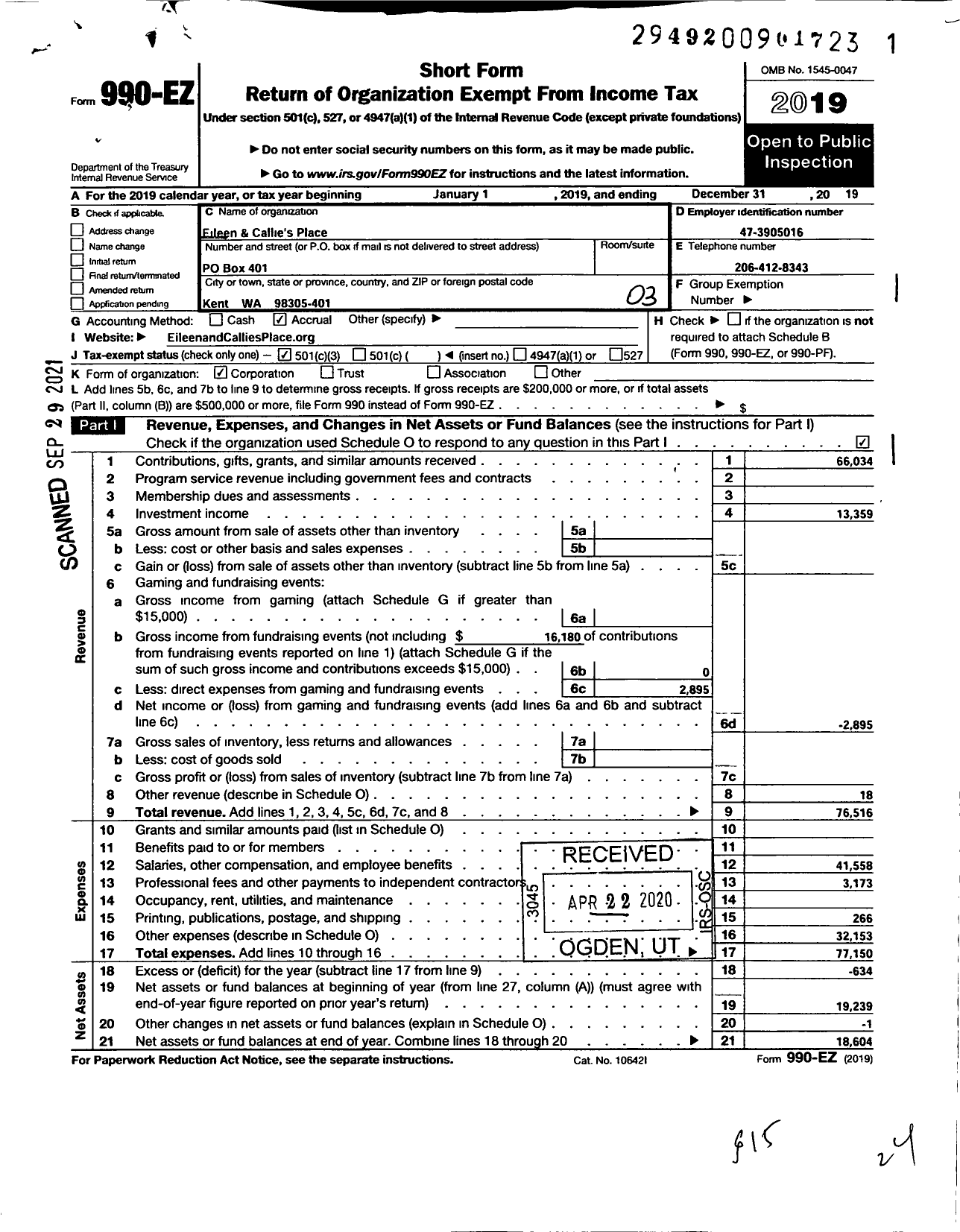 Image of first page of 2019 Form 990EZ for Eileen & Callies Place