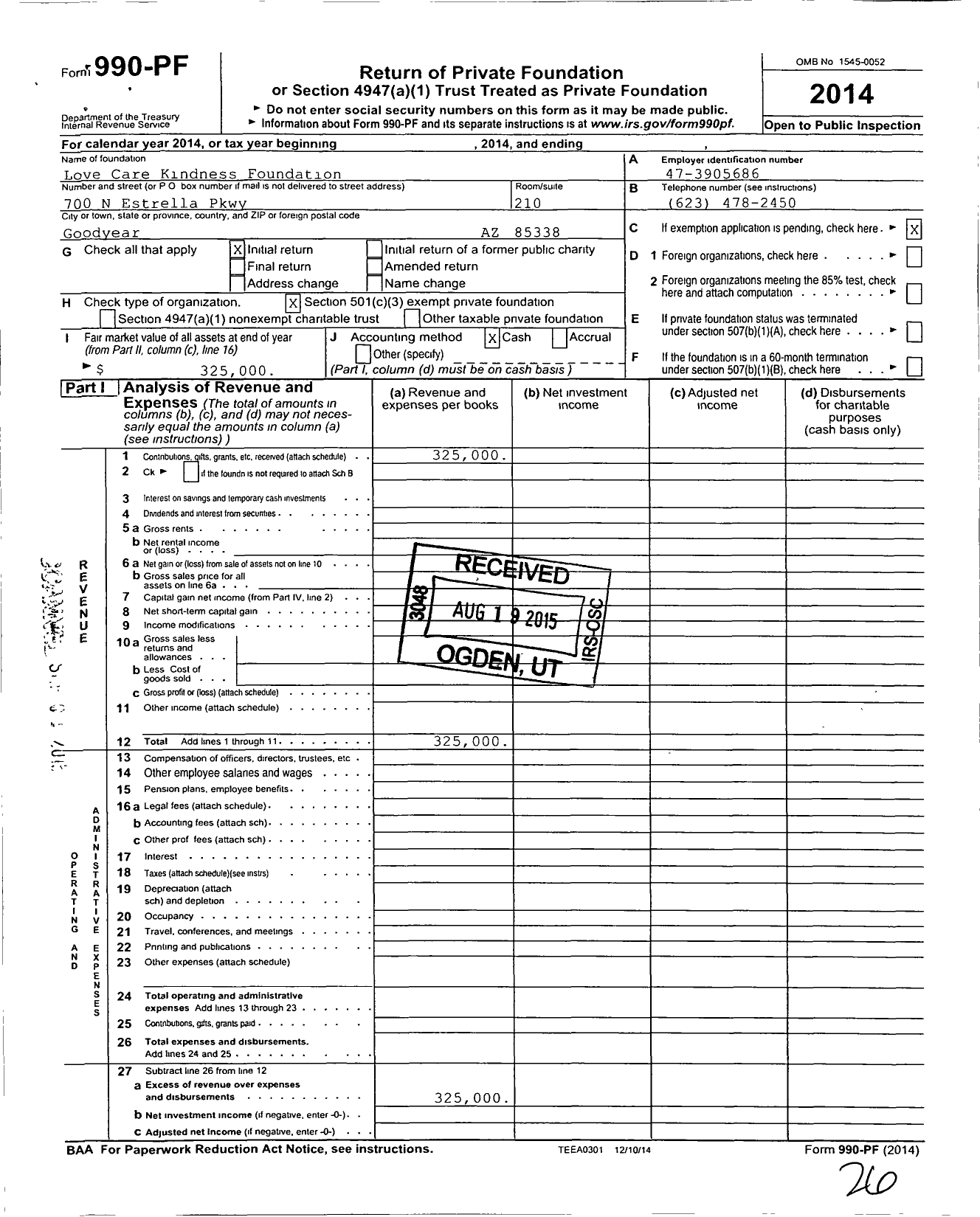 Image of first page of 2014 Form 990PF for Love Care Kindness Foundation