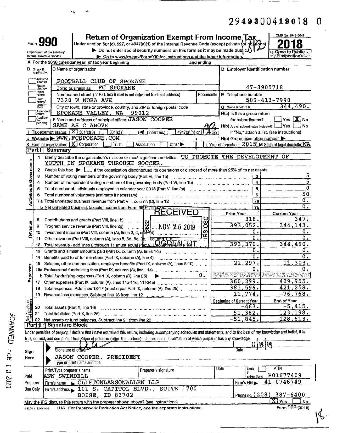 Image of first page of 2018 Form 990 for FC Spokane