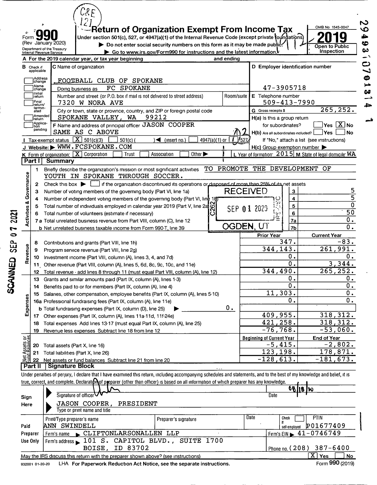 Image of first page of 2019 Form 990 for FC Spokane