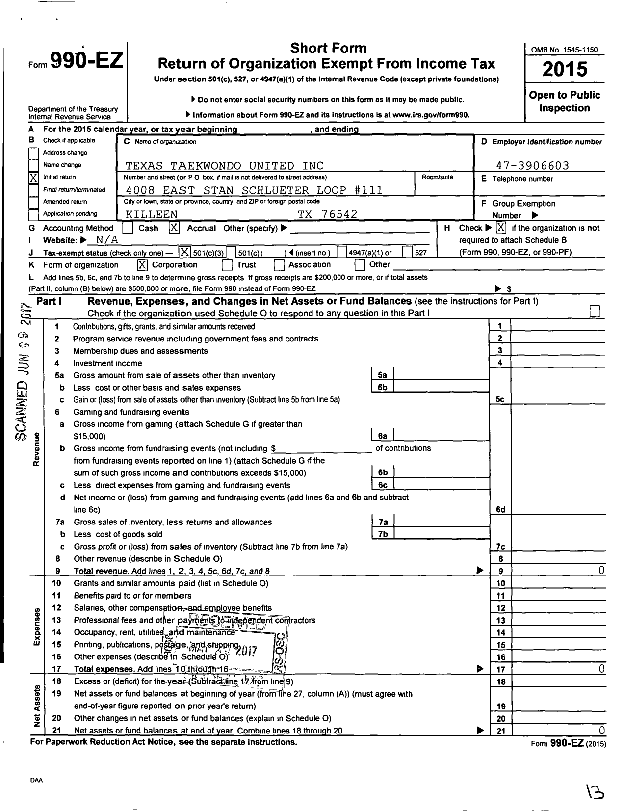 Image of first page of 2015 Form 990EZ for Texas Taekwondo United