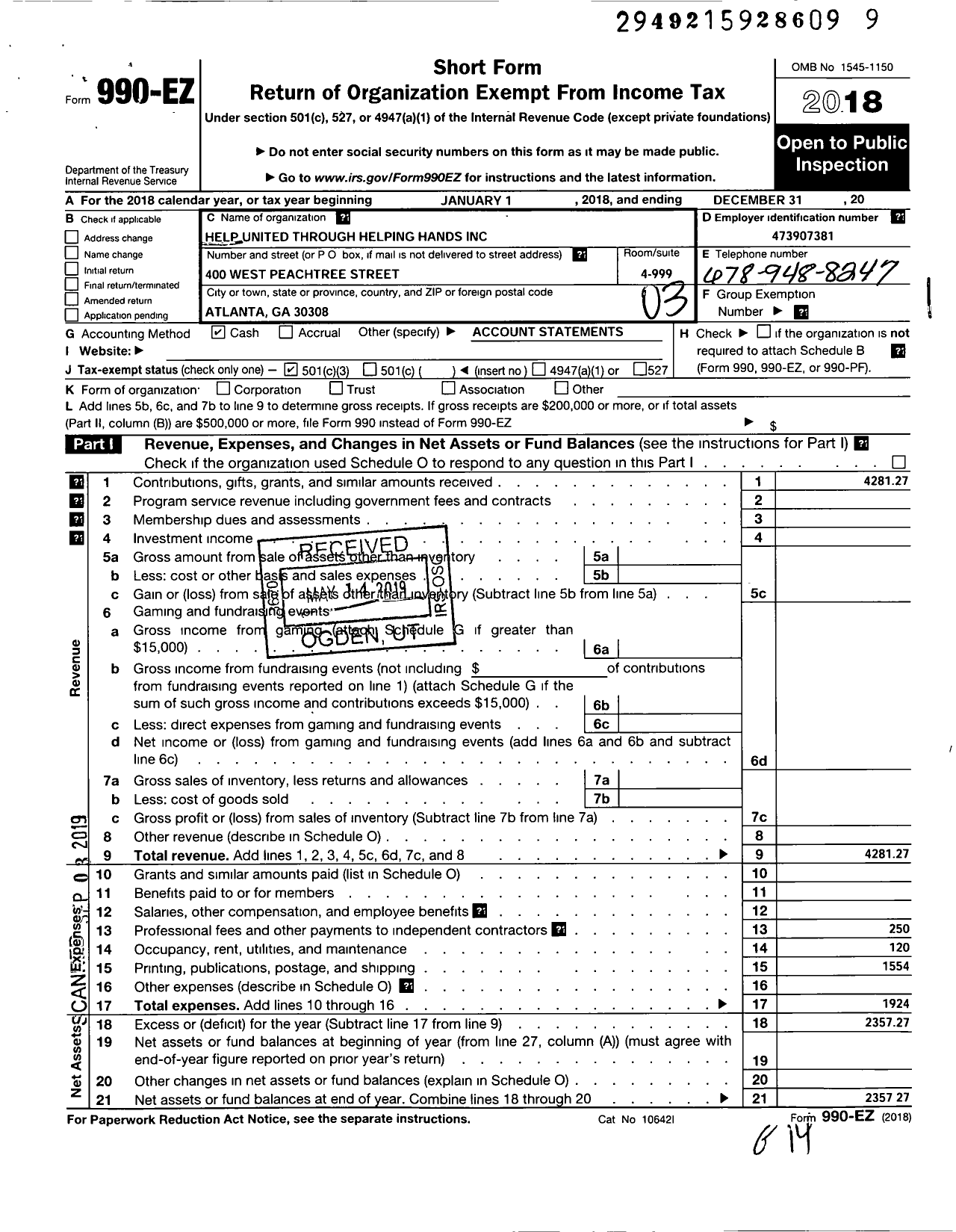 Image of first page of 2018 Form 990EZ for Help United Through Caring Hands (HUTCH)