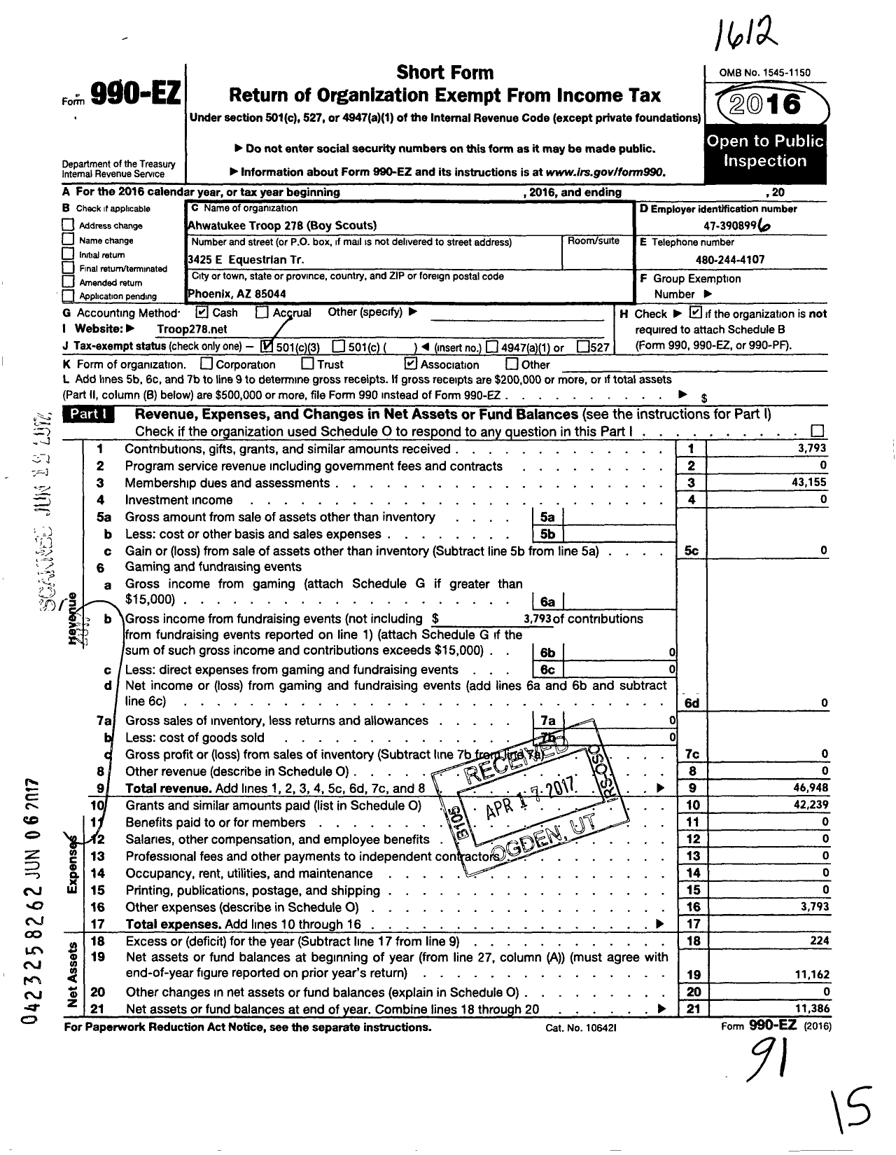 Image of first page of 2016 Form 990EZ for Ahwatukee Troop 278