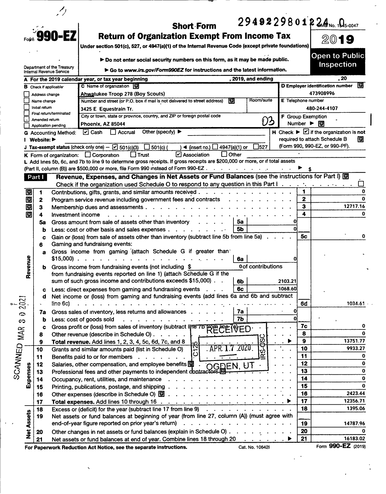 Image of first page of 2019 Form 990EZ for Ahwatukee Troop 278