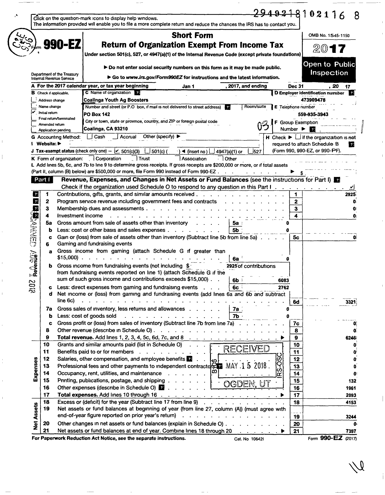 Image of first page of 2017 Form 990EZ for Future Farmers of America - Caa0053 Coalinga Ag Boosters Ffa Al