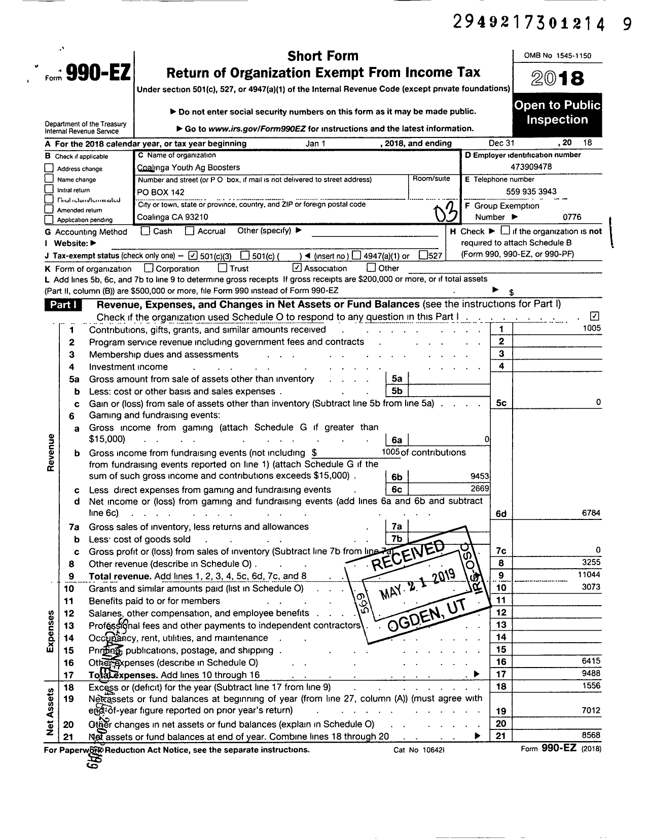 Image of first page of 2018 Form 990EZ for Future Farmers of America - Caa0053 Coalinga Ag Boosters Ffa Al