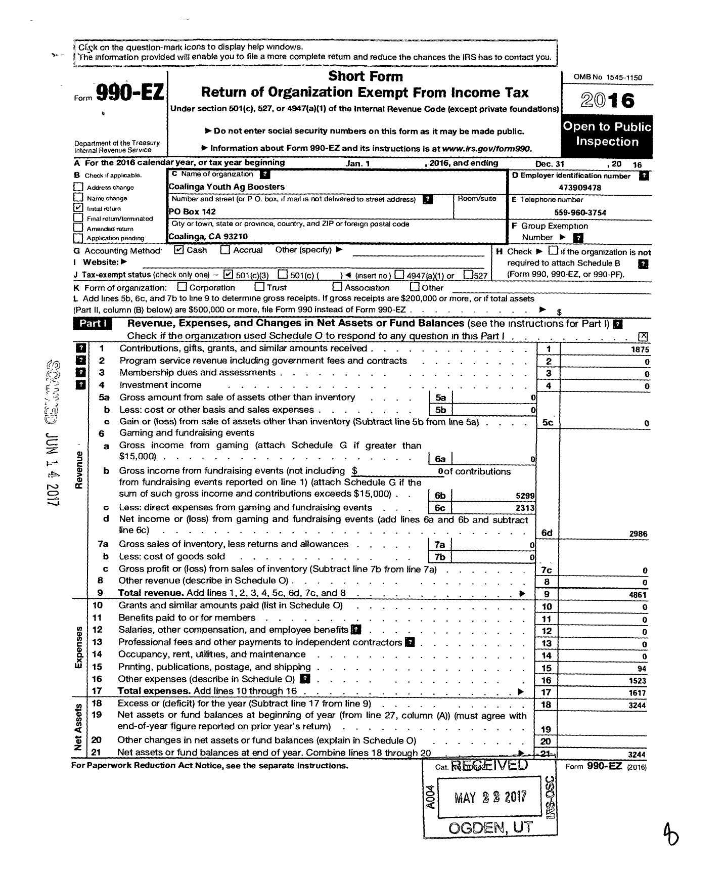 Image of first page of 2016 Form 990EZ for Future Farmers of America - Caa0053 Coalinga Ag Boosters Ffa Al