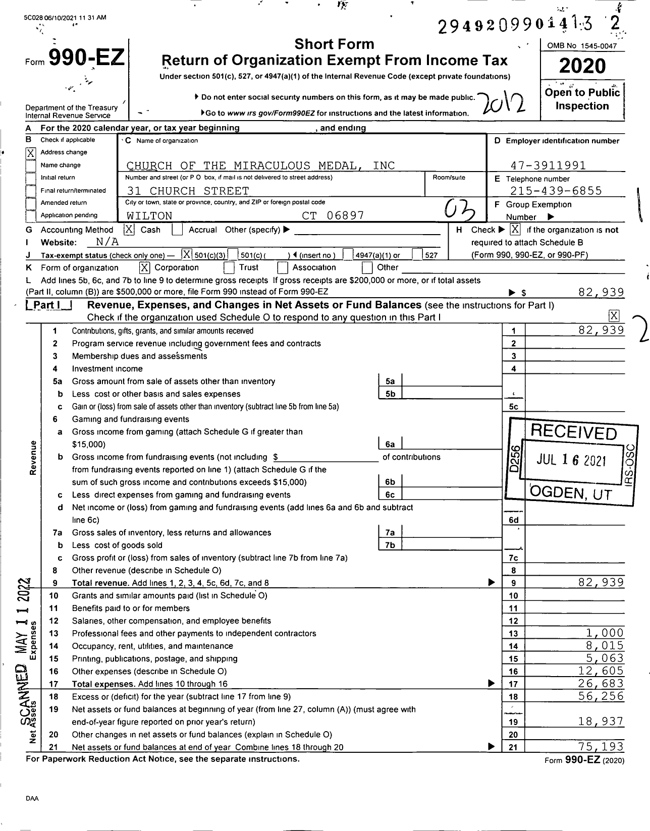 Image of first page of 2020 Form 990EZ for Church of the Miraculous Medal