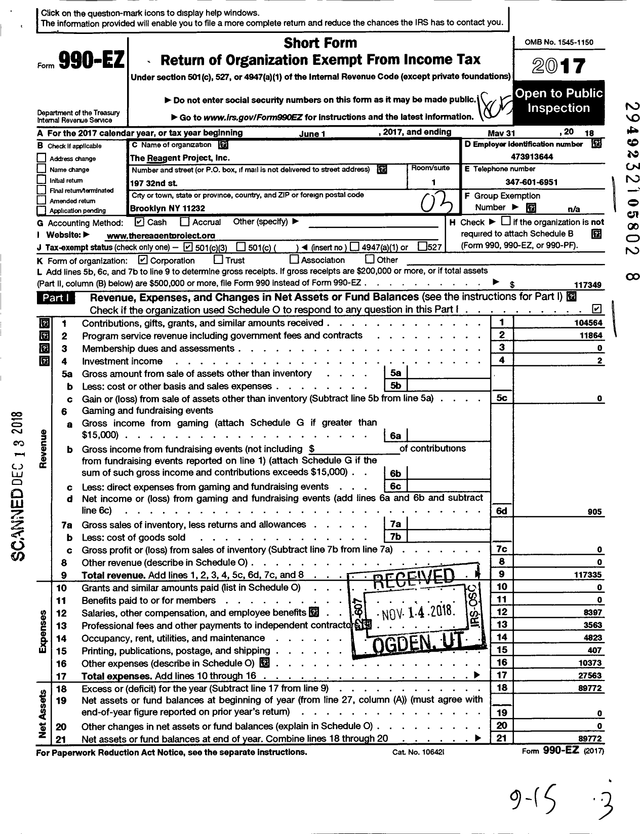 Image of first page of 2017 Form 990EZ for Reagent Project