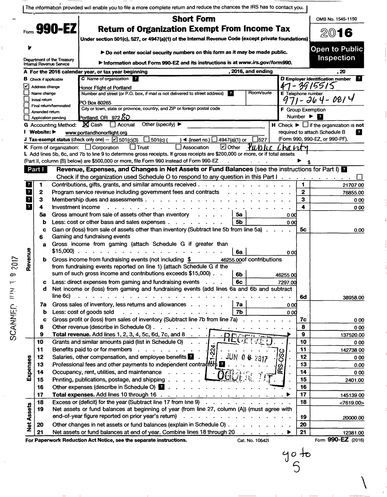 Image of first page of 2016 Form 990EZ for Honor Flight of Portland Oregon