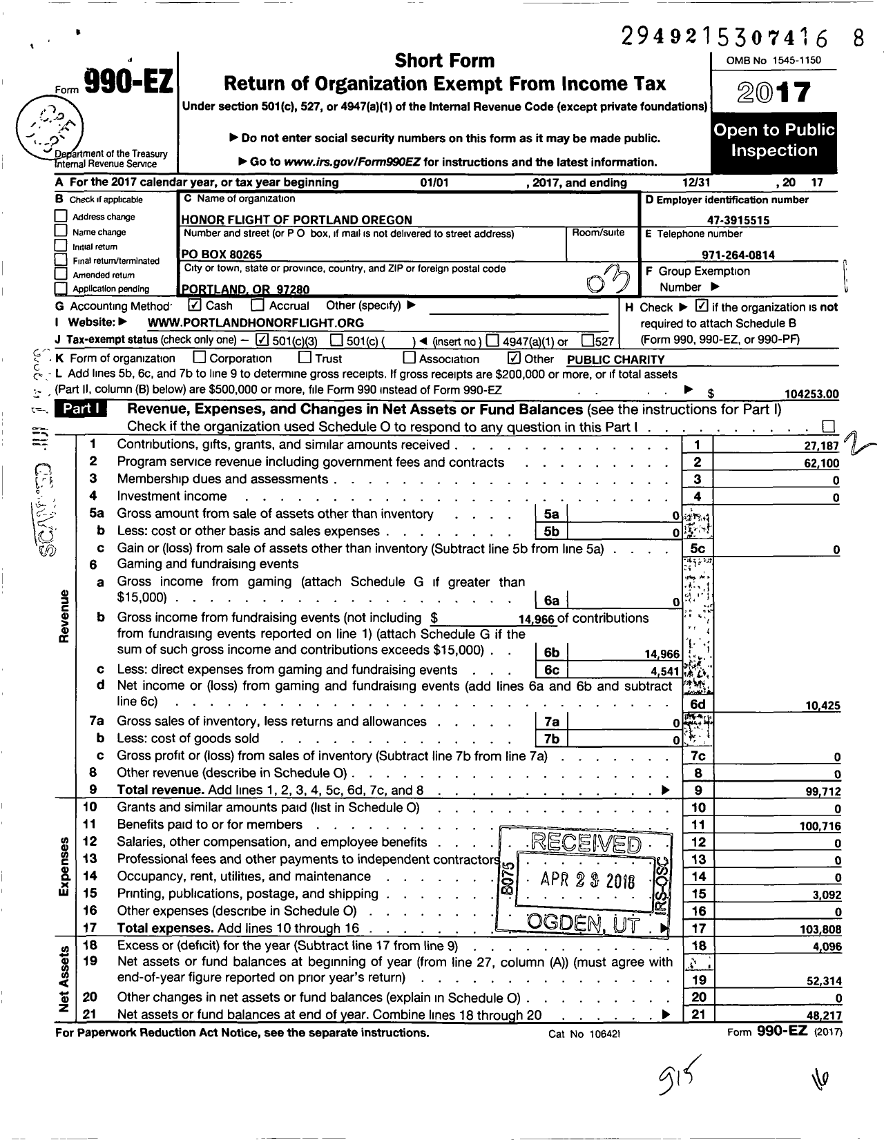 Image of first page of 2017 Form 990EZ for Honor Flight of Portland Oregon