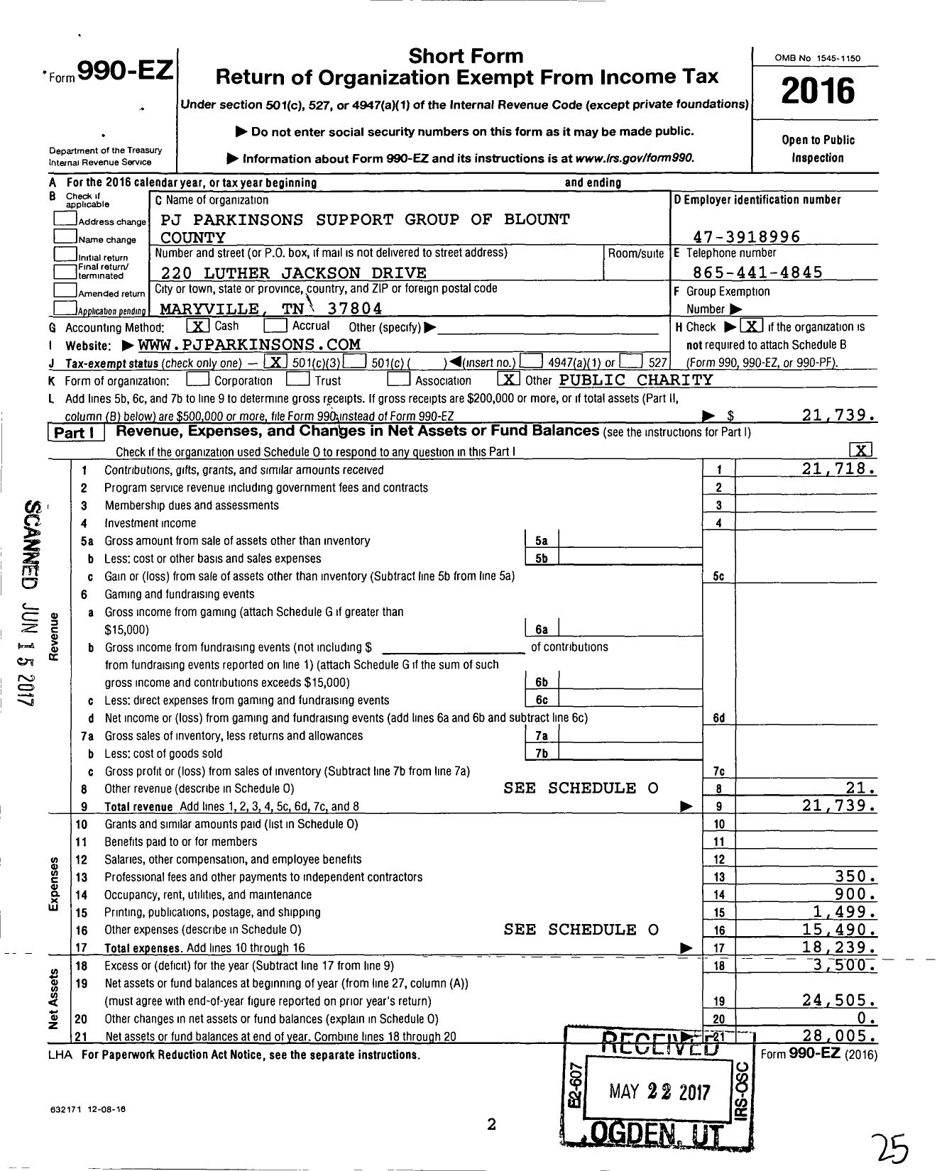 Image of first page of 2016 Form 990EZ for PJ Parkinsons Support Group of Blount