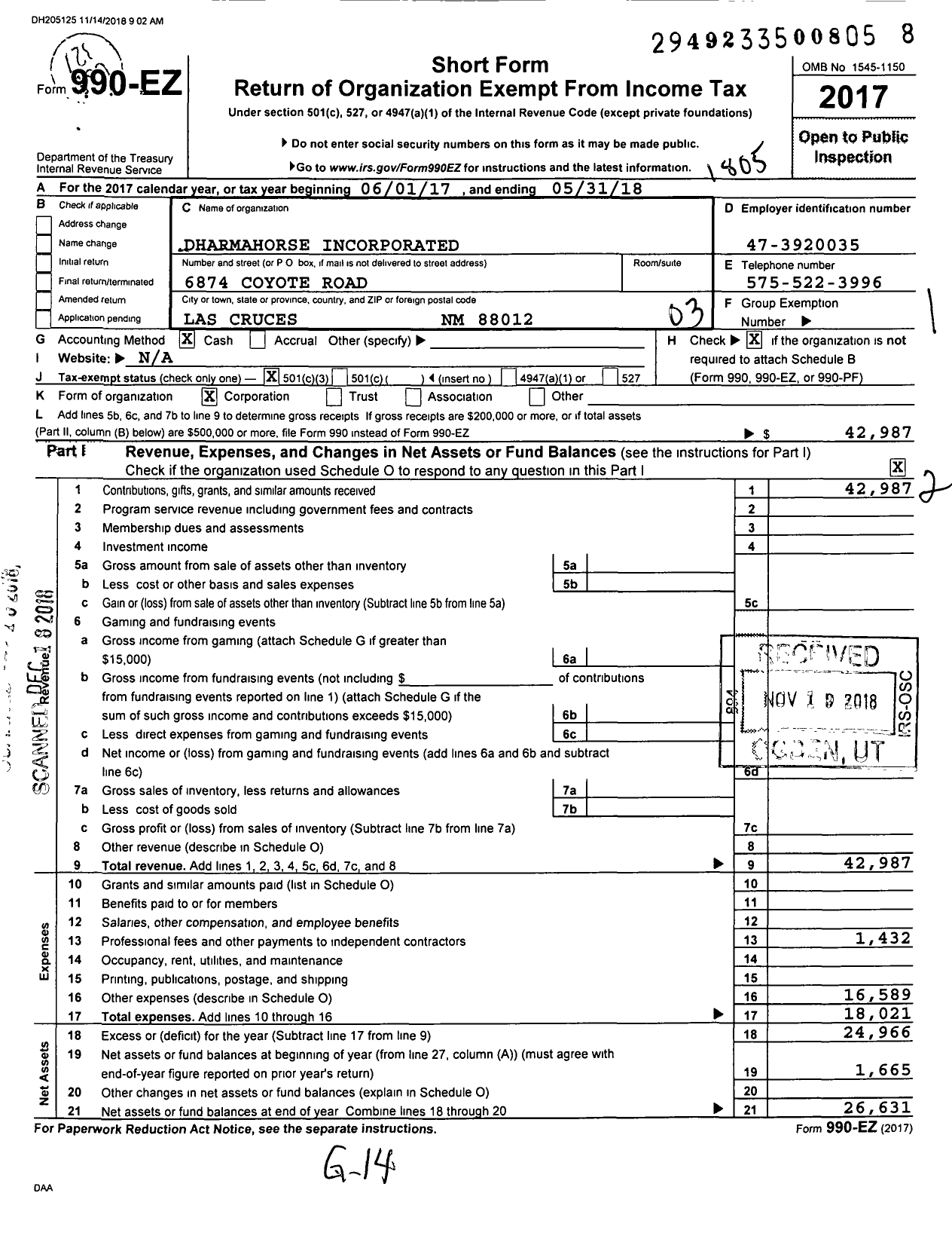 Image of first page of 2017 Form 990EZ for Dharmahorse Incorporated