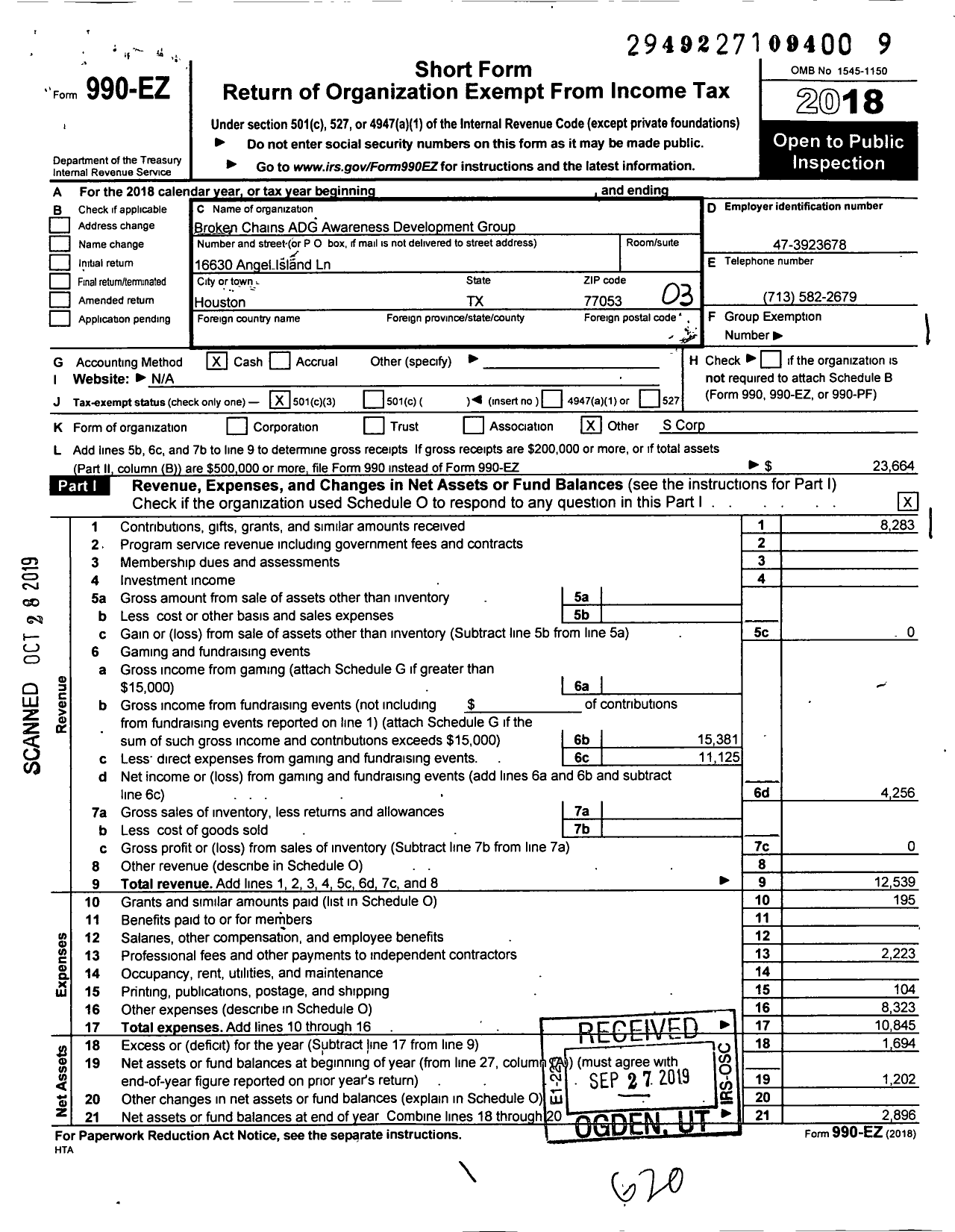 Image of first page of 2018 Form 990EZ for Broken Chains Adg