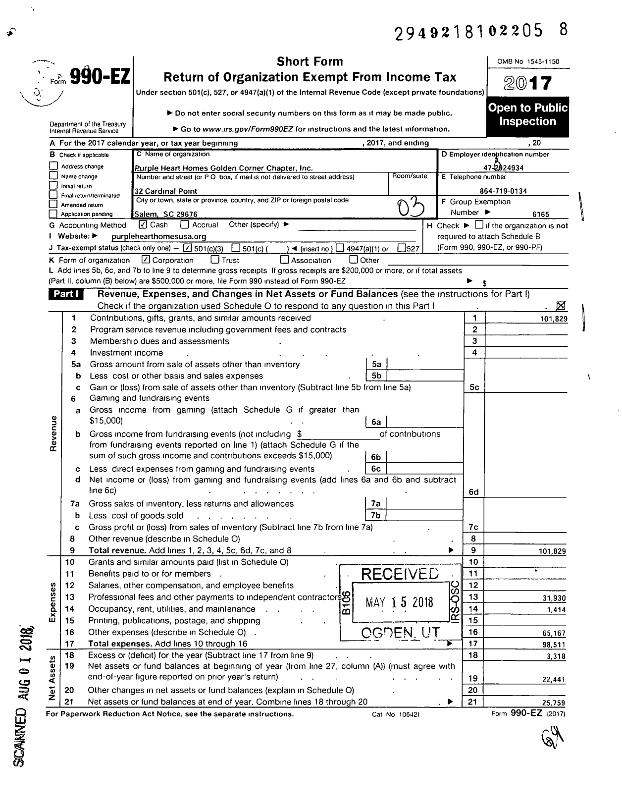 Image of first page of 2017 Form 990EZ for Purple Heart Homes Golden Corner Chapter