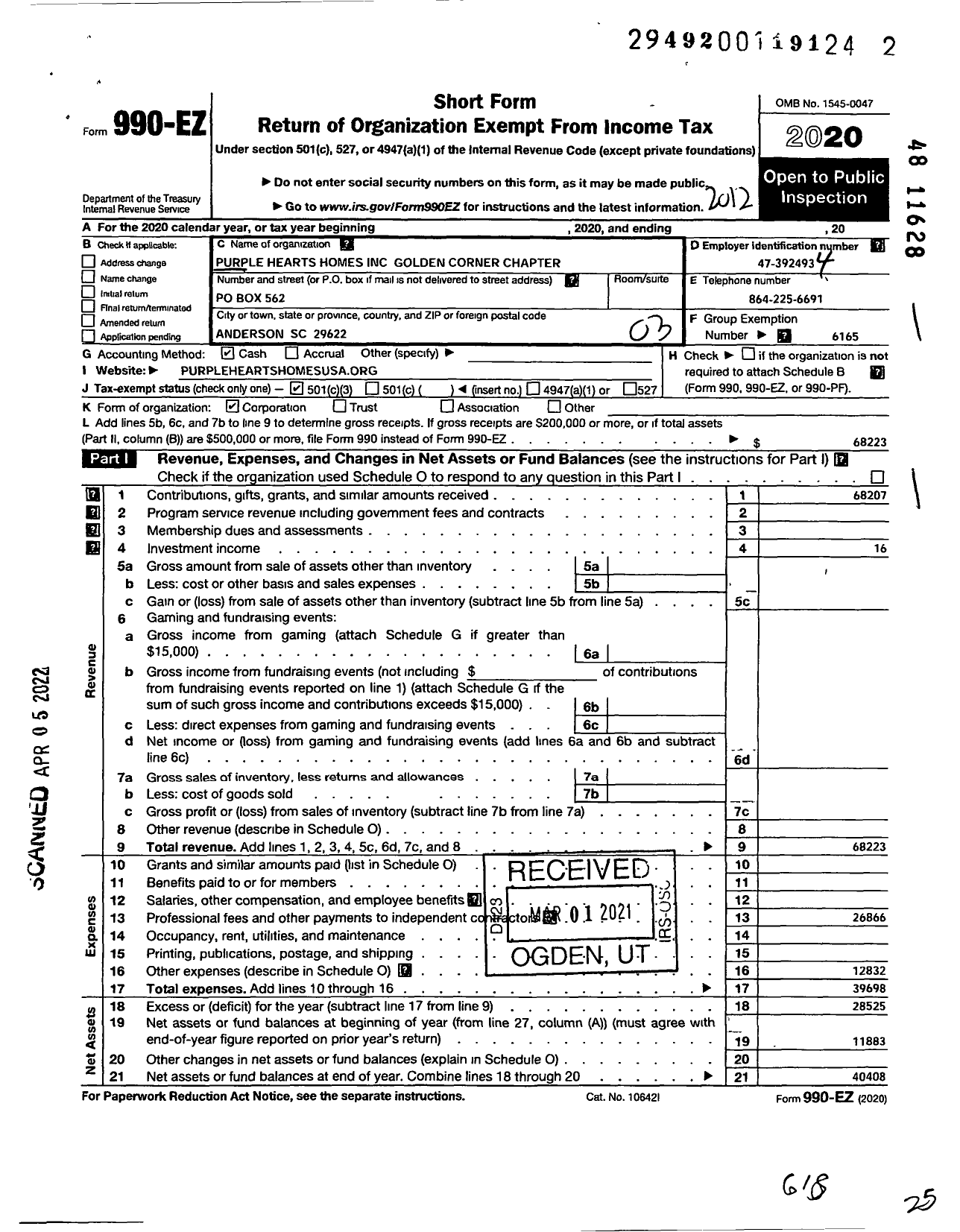 Image of first page of 2020 Form 990EZ for Purple Heart Homes Golden Corner Chapter