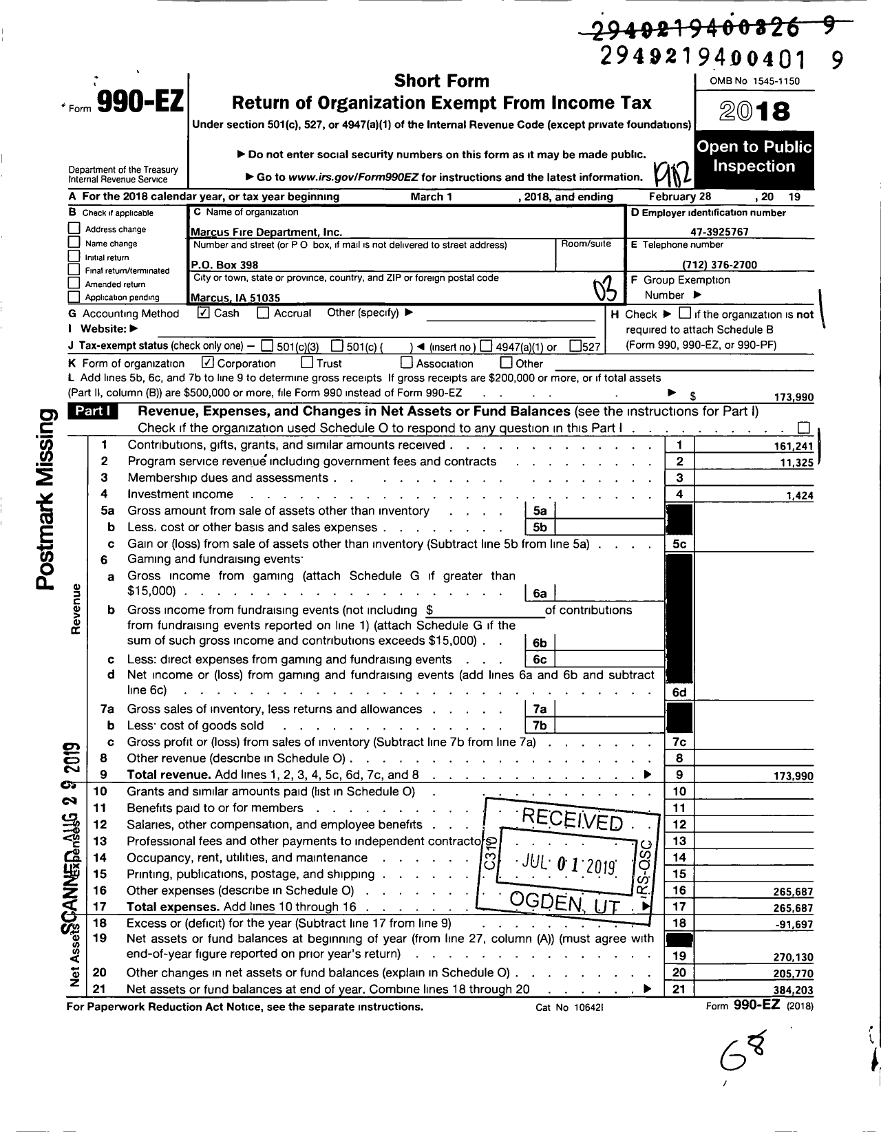 Image of first page of 2018 Form 990EZ for Marcus Fire Department