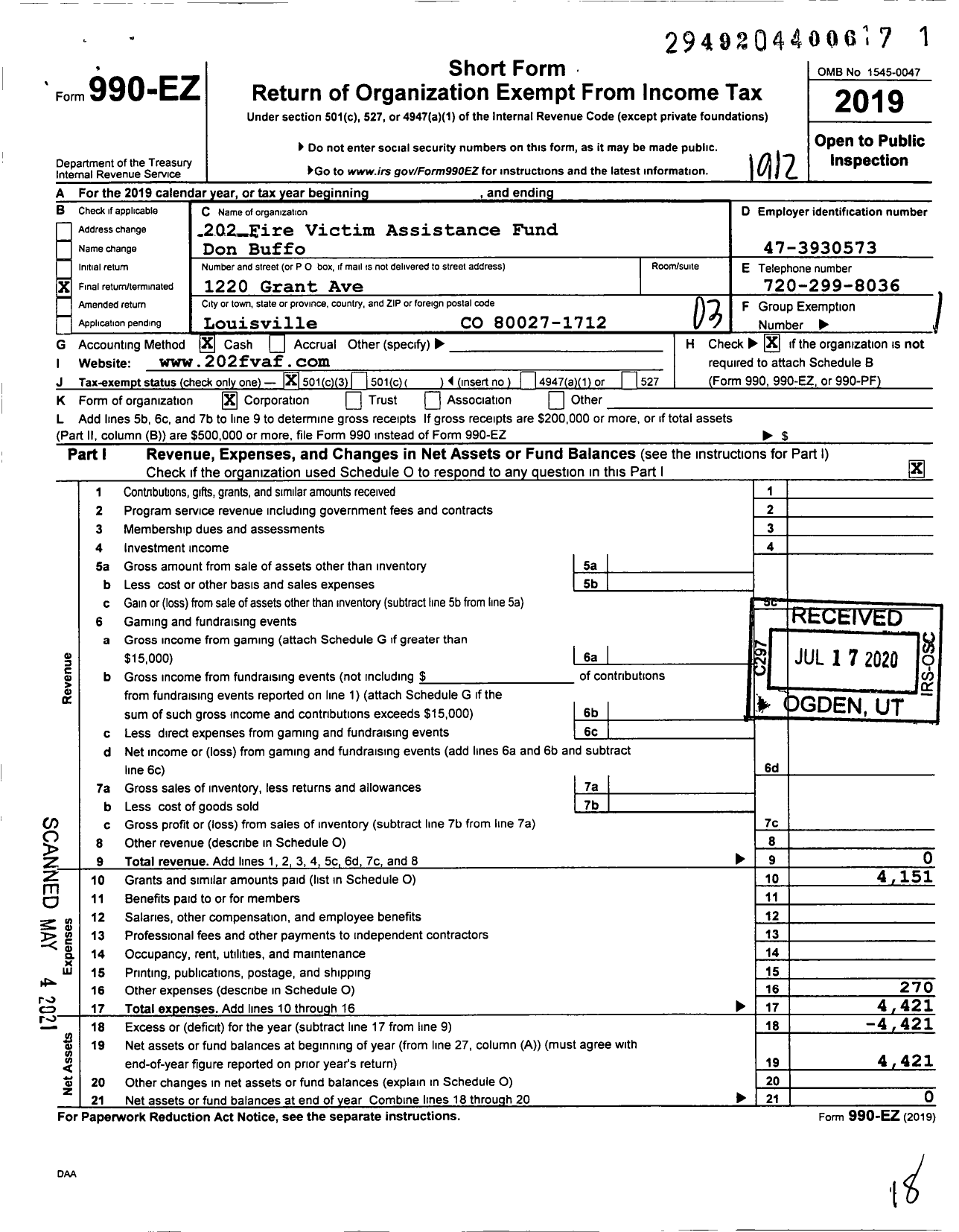 Image of first page of 2019 Form 990EZ for 202 Fire Victim Assistance Fund Don Buffo