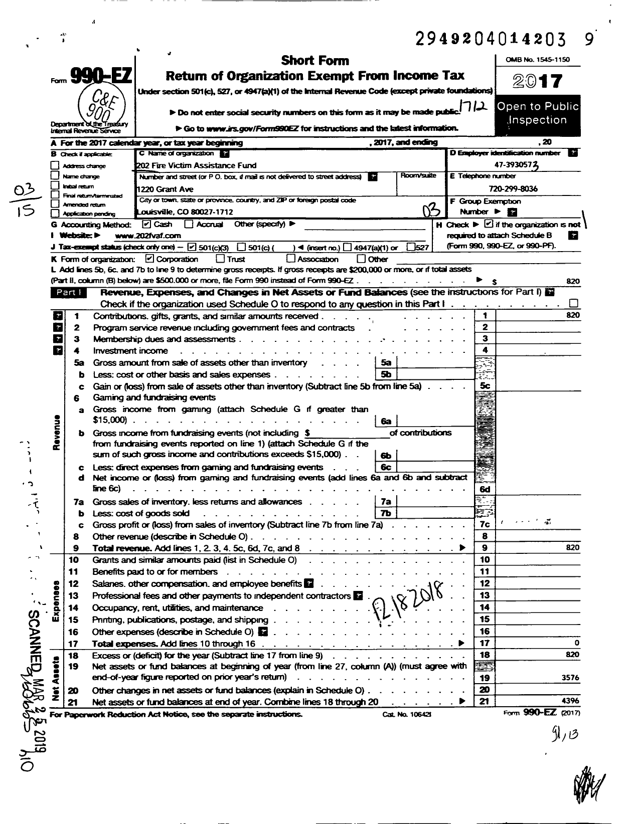 Image of first page of 2017 Form 990EZ for 202 Fire Victim Assistance Fund Don Buffo