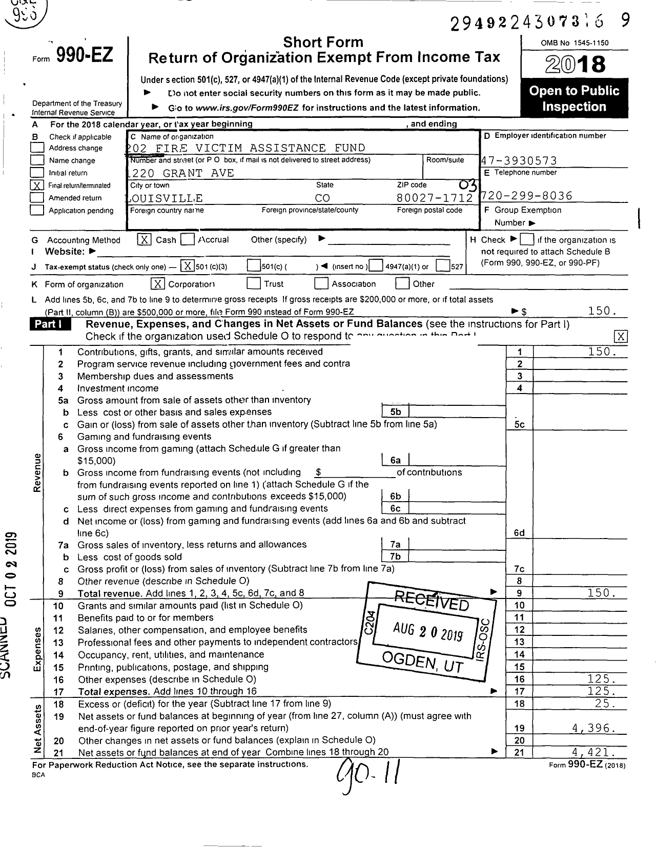 Image of first page of 2018 Form 990EZ for 202 Fire Victim Assistance Fund Don Buffo