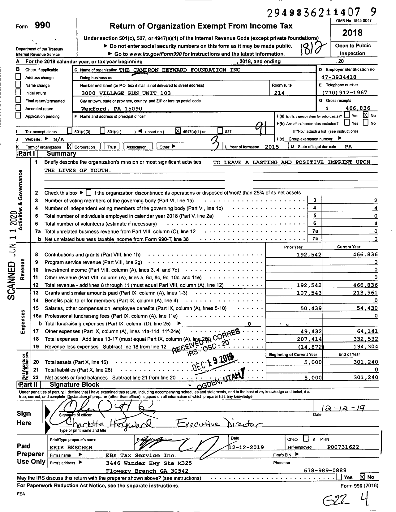 Image of first page of 2018 Form 990O for Cameron Heyward Foundation