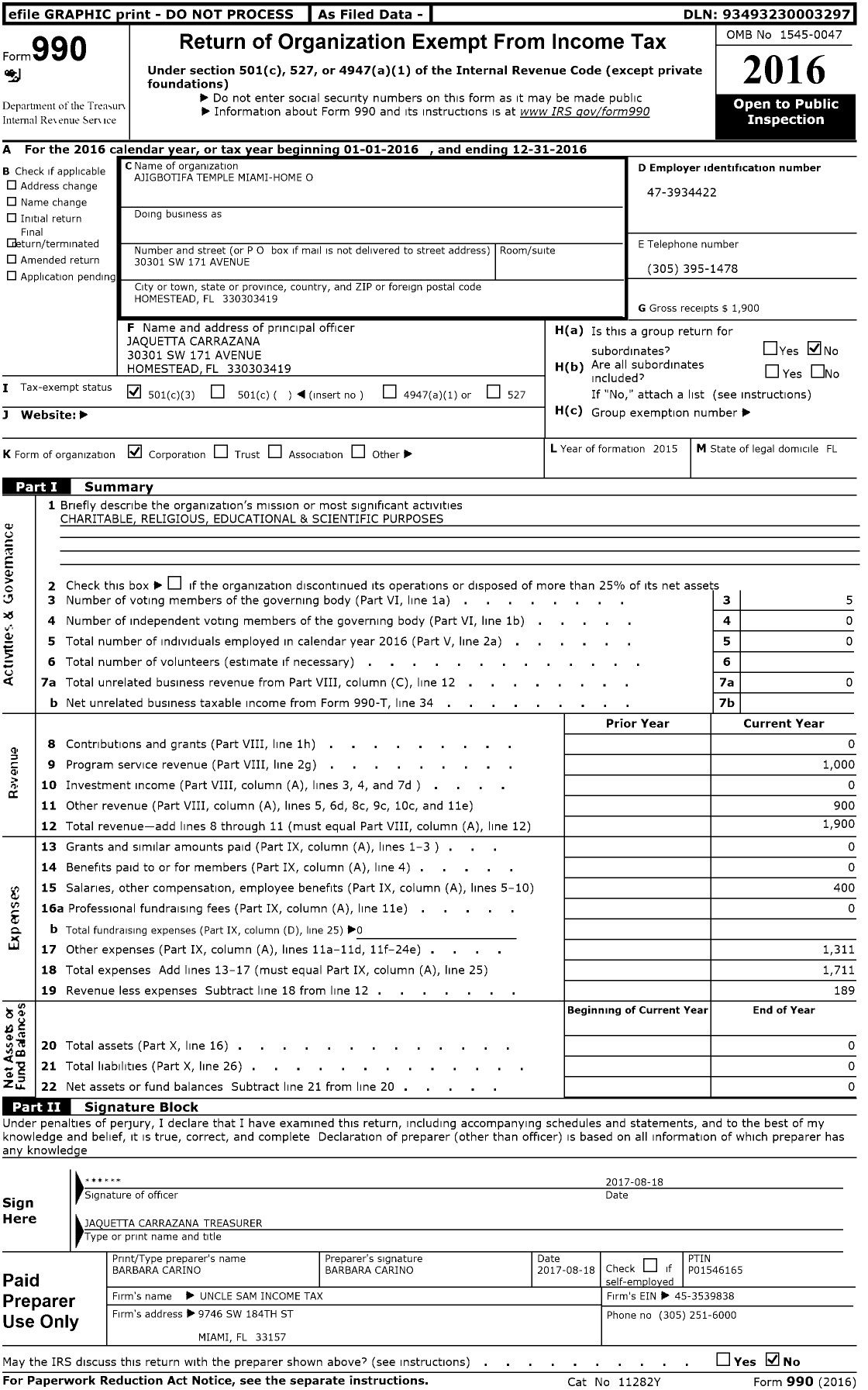 Image of first page of 2016 Form 990 for Ajigbotifa Temple Miami-Home O