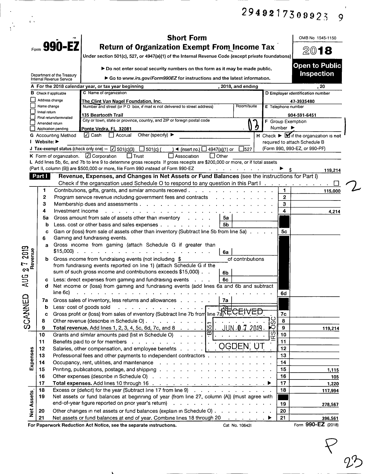 Image of first page of 2018 Form 990EZ for The Clint Van Nagel Foundation