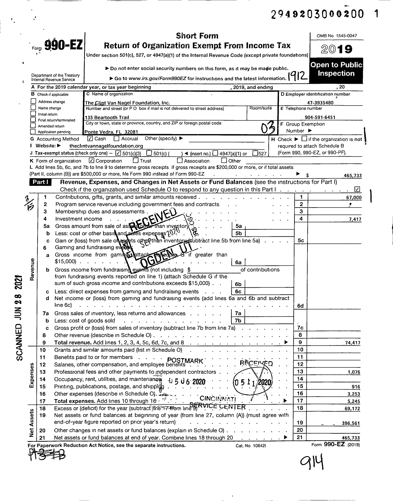 Image of first page of 2019 Form 990EZ for The Clint Van Nagel Foundation