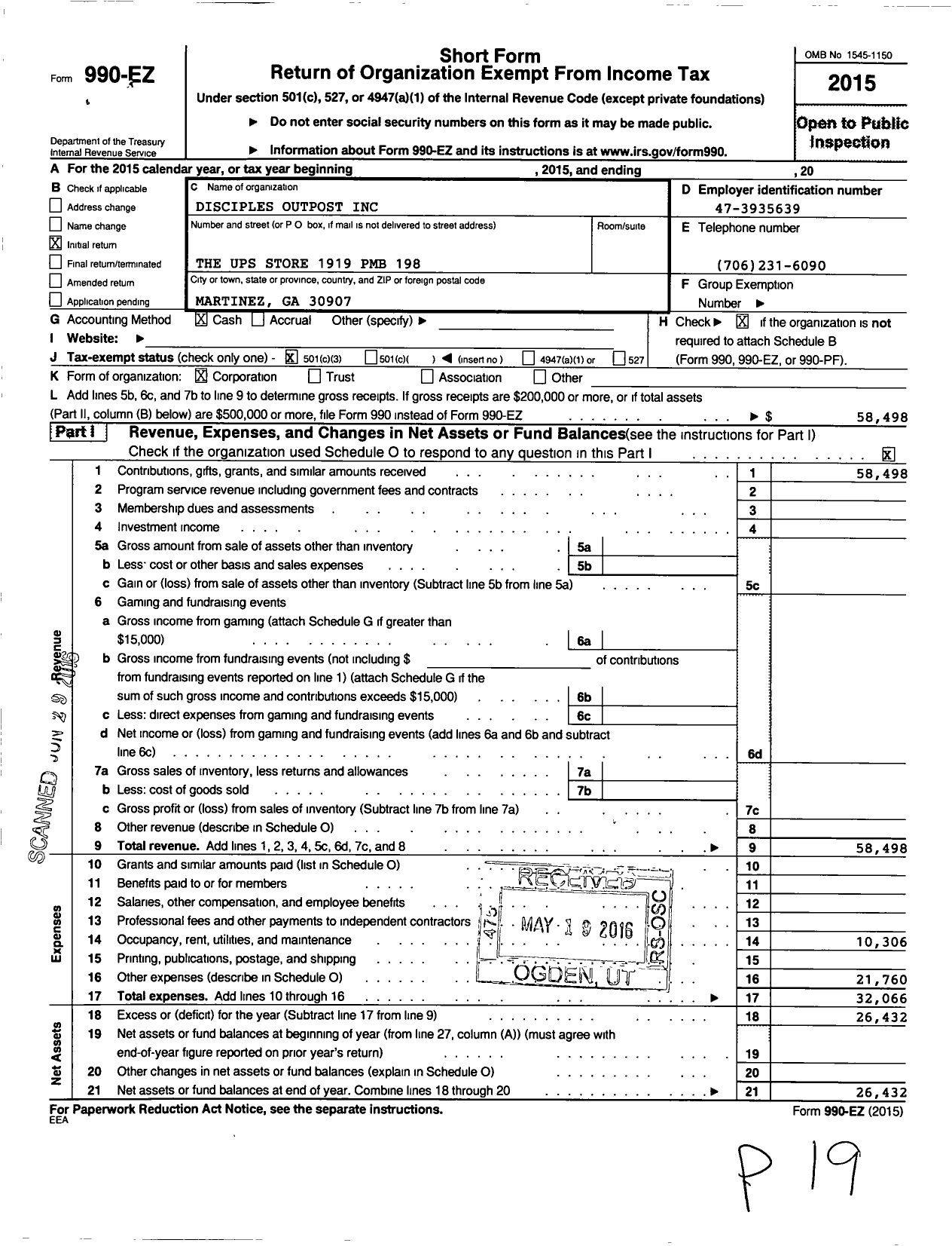 Image of first page of 2015 Form 990EZ for Disciples Outpost