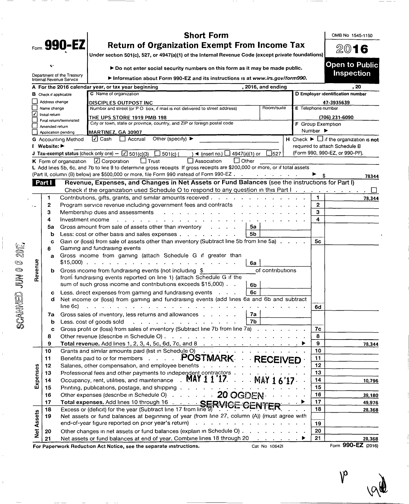 Image of first page of 2016 Form 990EZ for Disciples Outpost