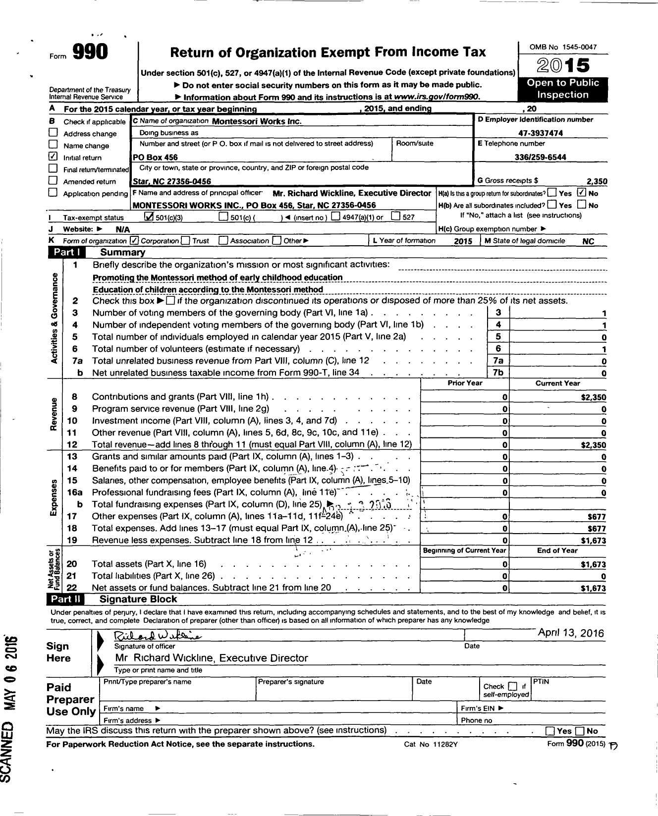 Image of first page of 2015 Form 990 for Montessori Works