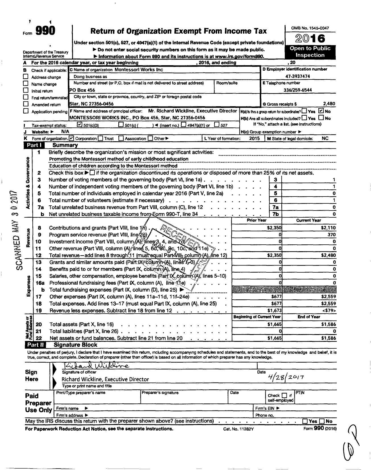 Image of first page of 2016 Form 990 for Montessori Works