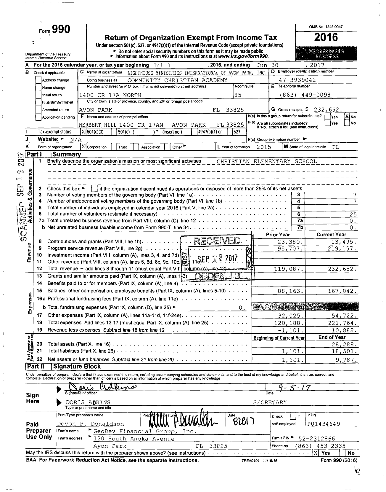 Image of first page of 2016 Form 990 for Lighthouse Ministries International of Avon Park