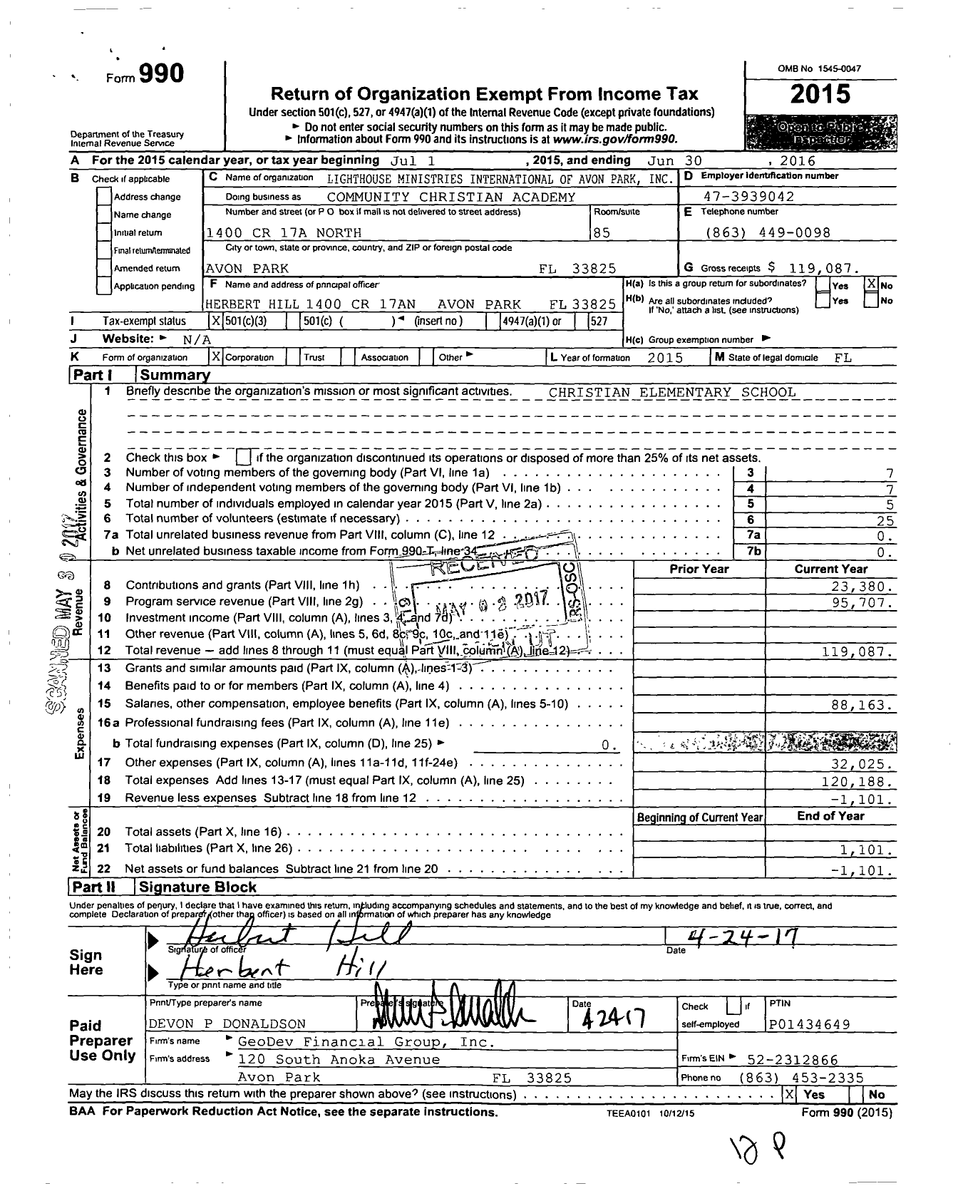 Image of first page of 2015 Form 990 for Lighthouse Ministries International of Avon Park