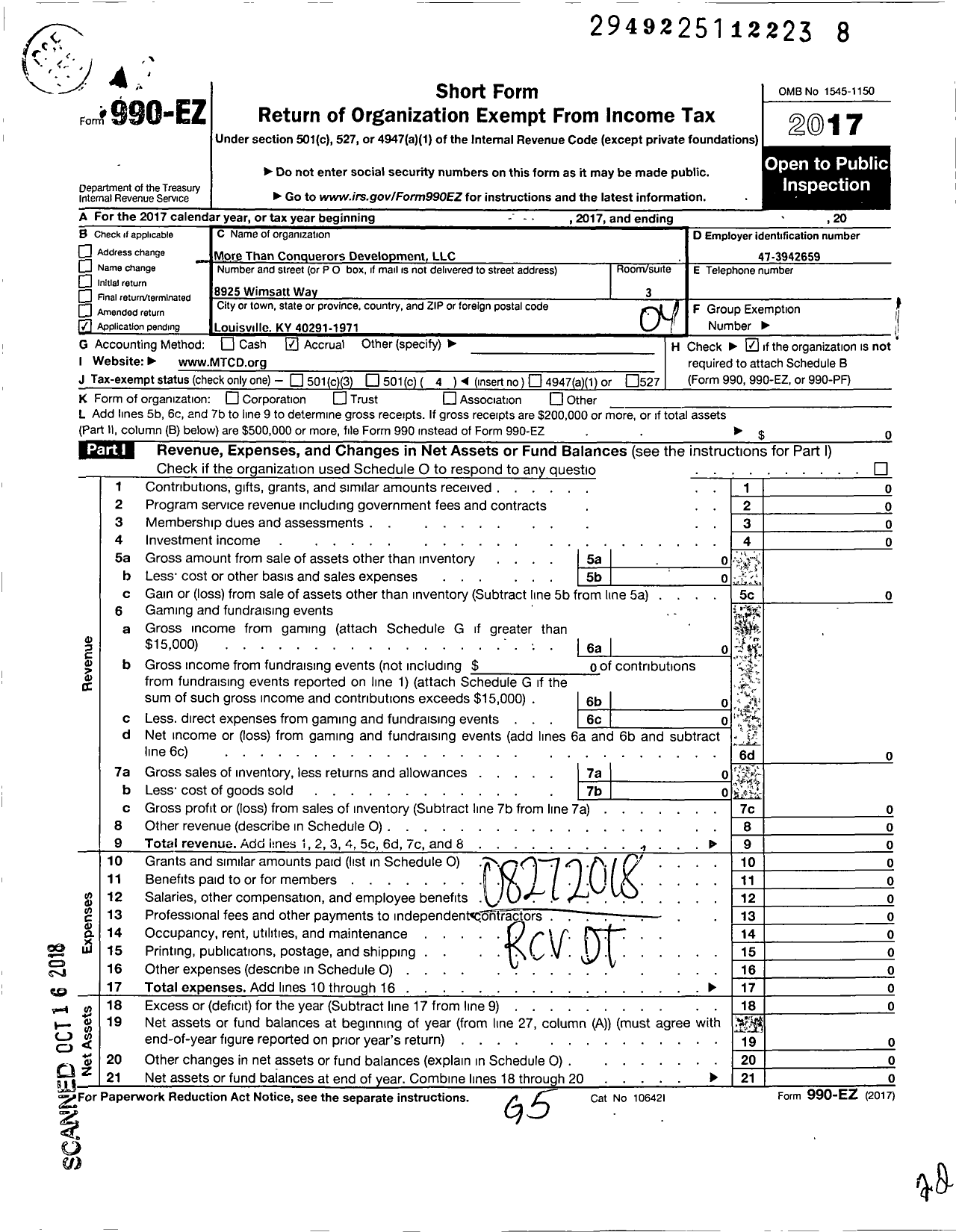 Image of first page of 2017 Form 990EO for More Than Conquerors Development LLC