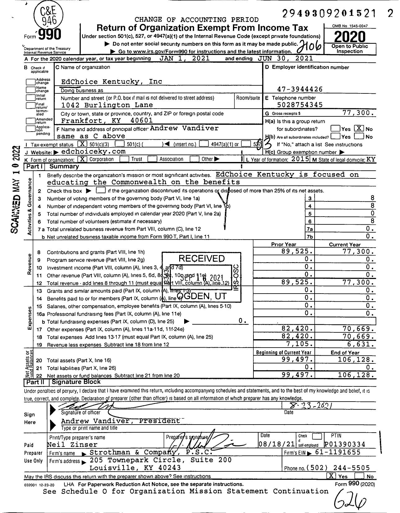 Image of first page of 2020 Form 990 for EdChoice Kentucky