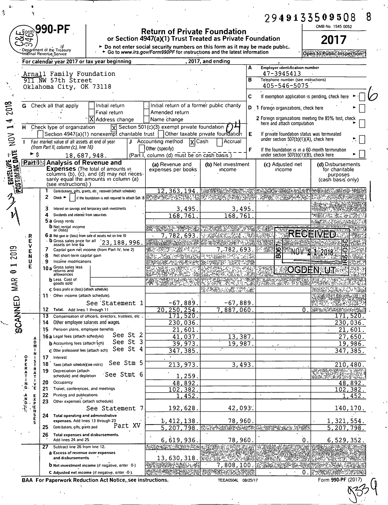 Image of first page of 2017 Form 990PF for Arnall Family Foundation