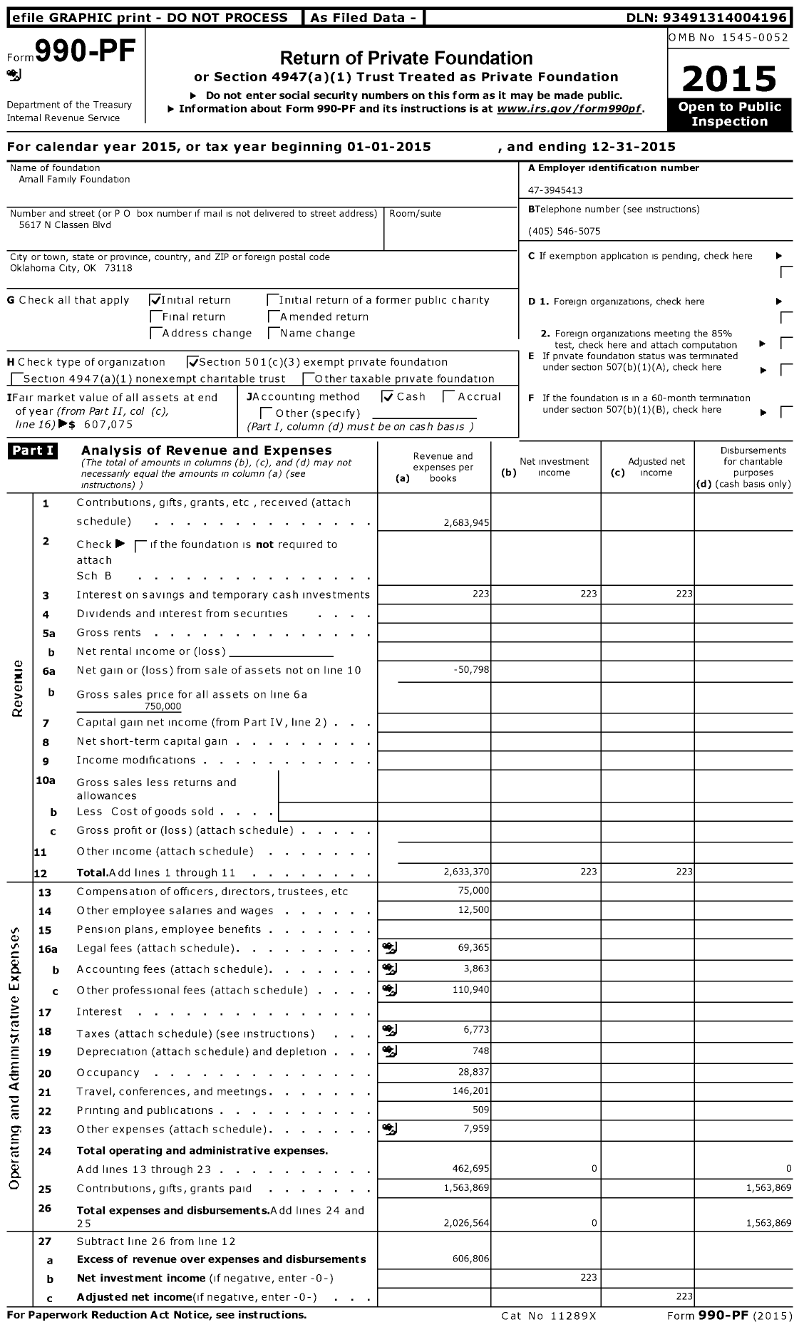 Image of first page of 2015 Form 990PF for Arnall Family Foundation
