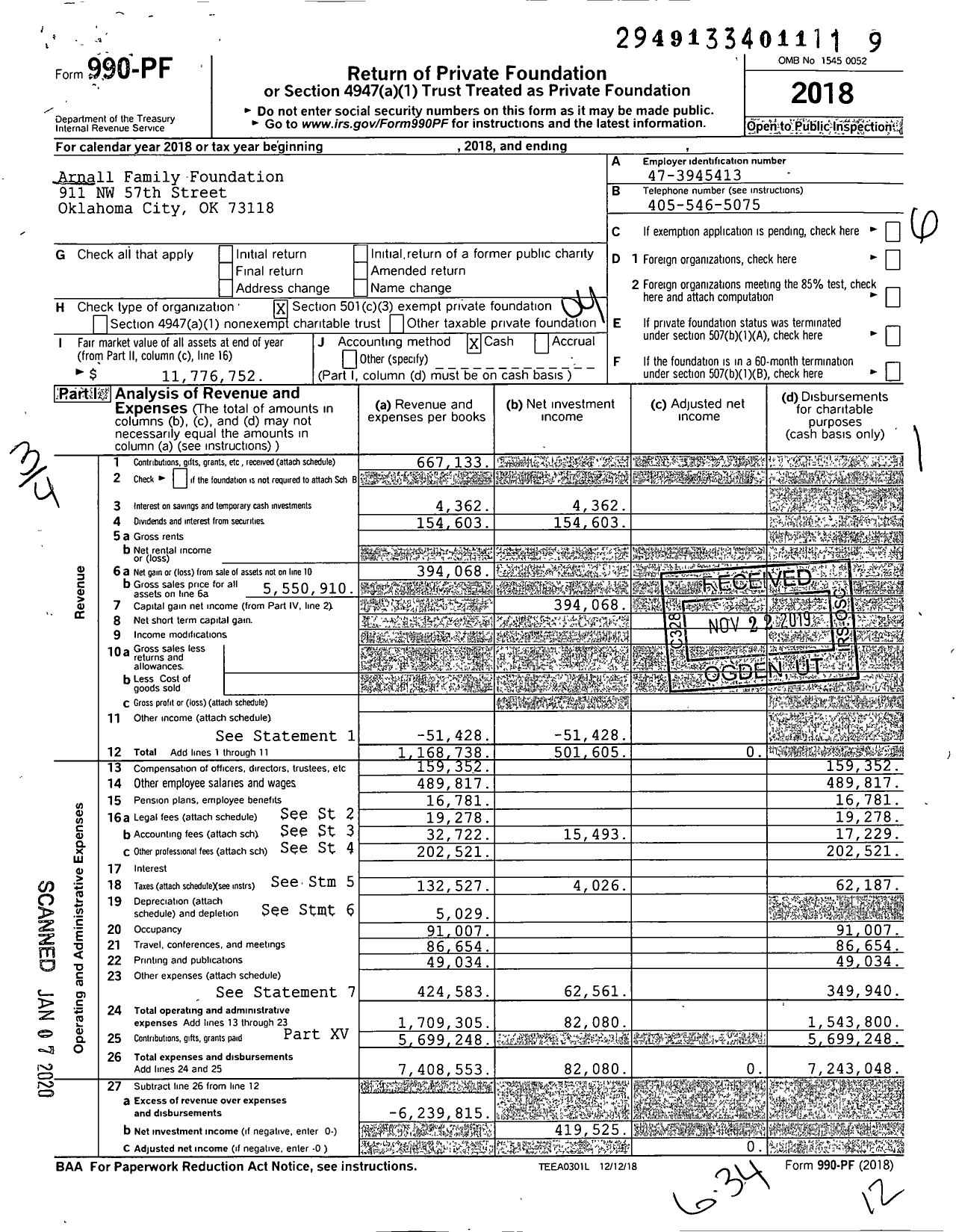 Image of first page of 2018 Form 990PF for Arnall Family Foundation