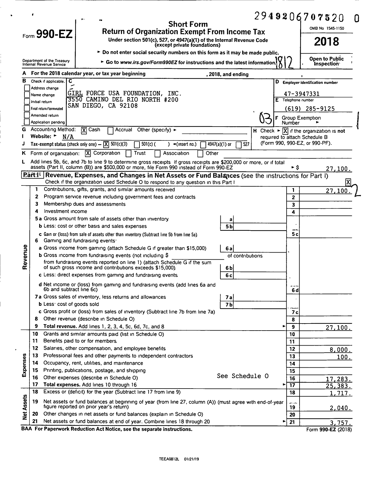 Image of first page of 2018 Form 990EZ for Girl Force USA Foundation