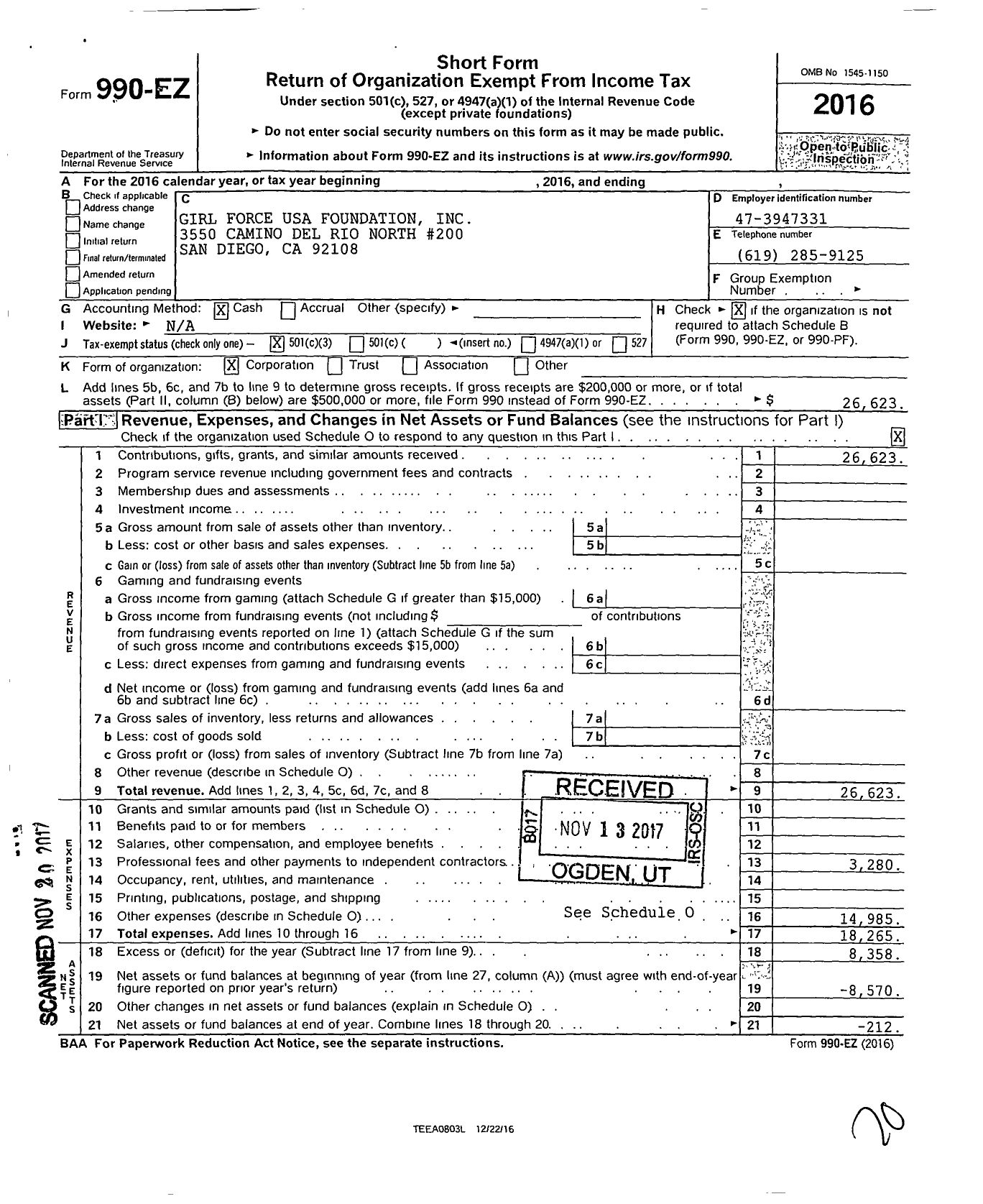 Image of first page of 2016 Form 990EZ for Girl Force USA Foundation